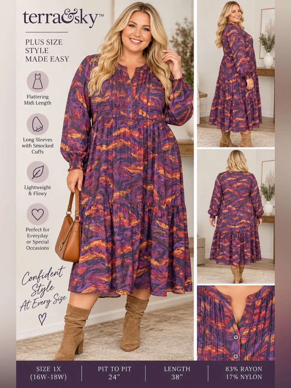 Terra & Sky 1X Purple Abstract Print Tiered Midi Dress Long Sleeve